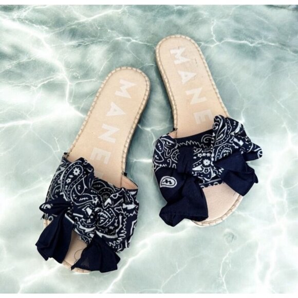 MANEBI Blue Bandana Print Slide Sandals Size 10 - Picture 1 of 6